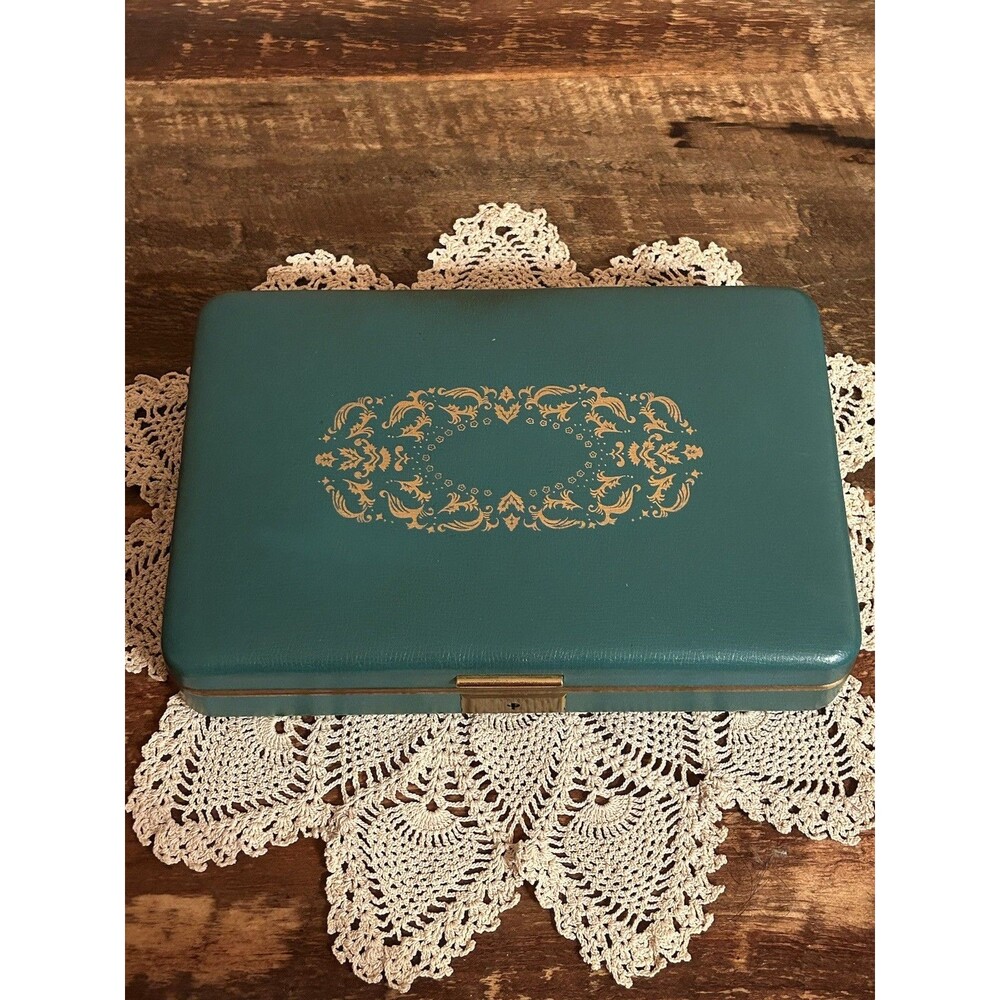 VTG Farrington Jewelry Box Teal Green Texol Gold Filigree MCM Velvet Interior